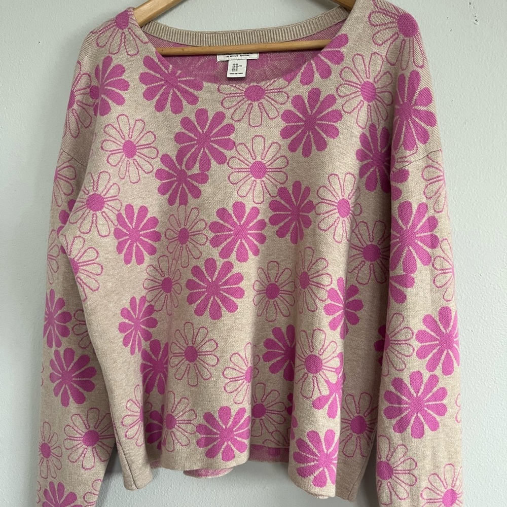 Rachel Zoe Round Neck Pink Floral Mod Sweater Sz XL